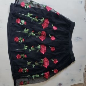 Black midi skirt with red roses embroidery